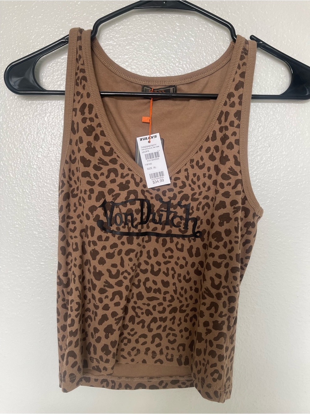 Von Dutch Tan Leopard-Print V-Neck Tank with Black Logo